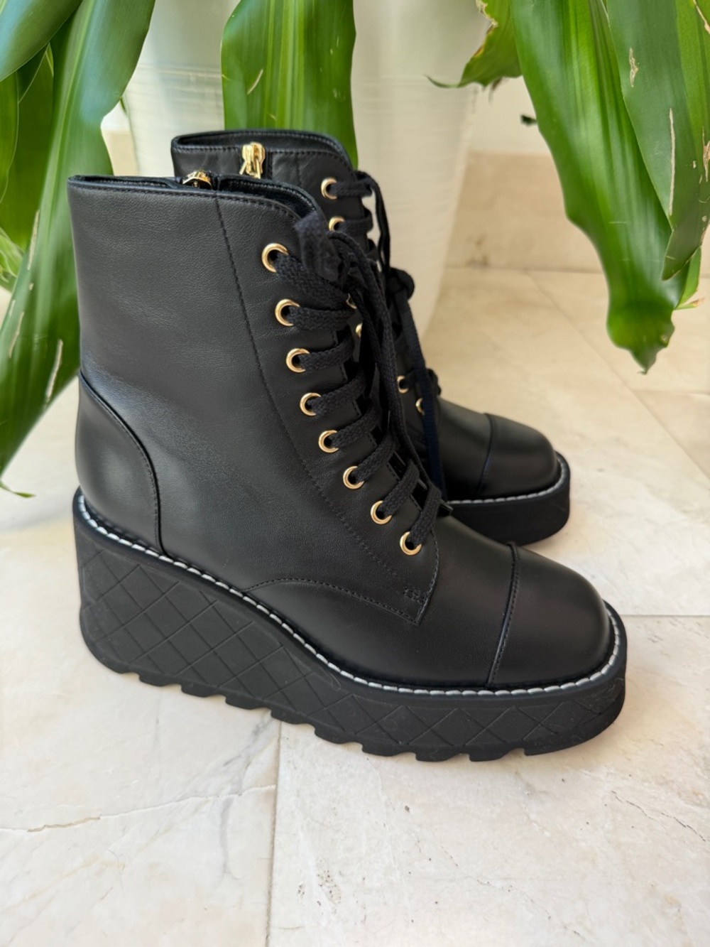 Chanel 2024 Interlocking CC Logo Combat Wedge Lambskin Lace Up Ankle Boots 36.5 - Picture 7 of 16